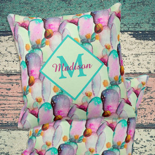 Watercolor Prickly Pear Cactus Flowers Monogram  Cushion