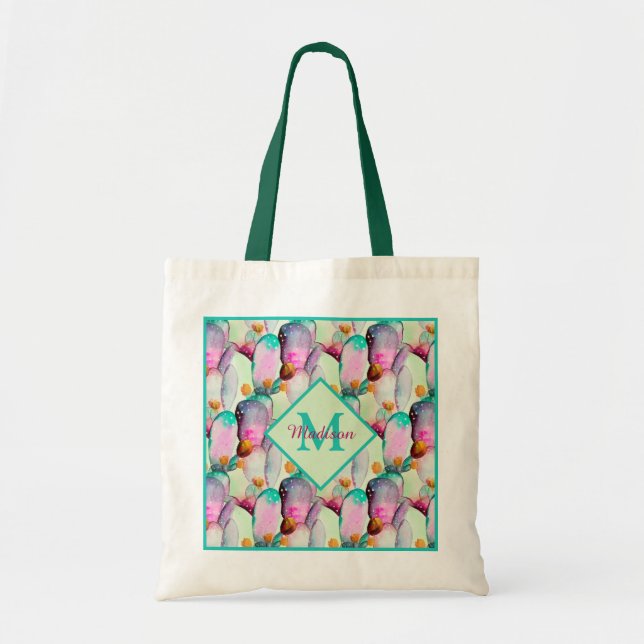 Watercolor Prickly Pear Cactus Flowers Monogram  T Tote Bag (Front)