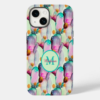 Watercolor Prickly Pear Cactus Flowers Monogrammed iPhone 14 Case