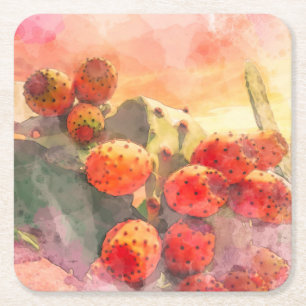 Watercolor Prickly Pear Cactus Fruits Red Sky Square Paper Coaster