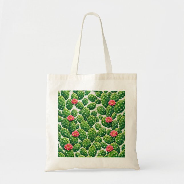 Watercolor Prickly Pear Cactus Pink Flower Pattern Tote Bag (Front)