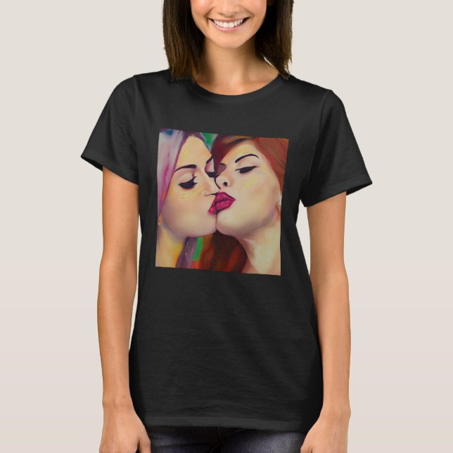  Watercolor Pride Two Women Share a Kiss T-Shirt (Front)
