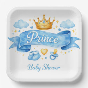 Watercolor Prince Boy Baby Shower Paper Plate