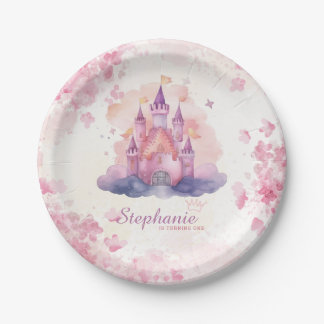 Watercolor Princess Castle Babygirl 1st Birthday Paper Plate