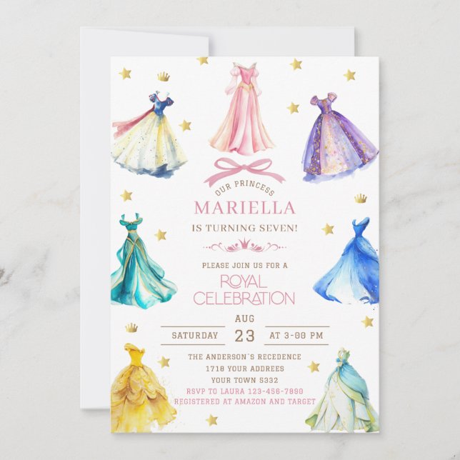 Watercolor Princess  Dress Birthday is turning sev Invitation (Front)