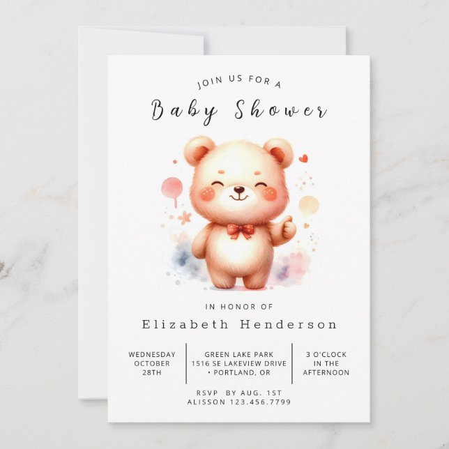 Watercolor Printable Bear Baby Shower Invitation (Front)