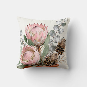 Watercolor Protea Eucalyptus Arrangement Cushion