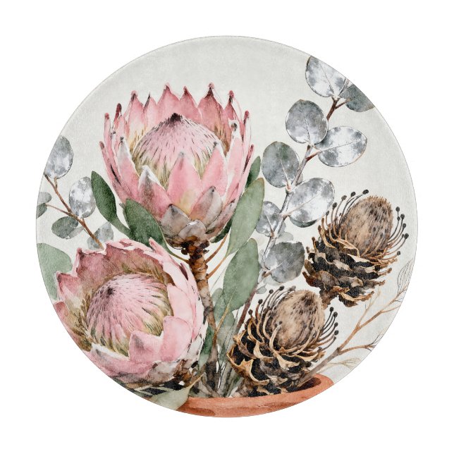 Watercolor Protea Eucalyptus Arrangement Cutting Board (Front)