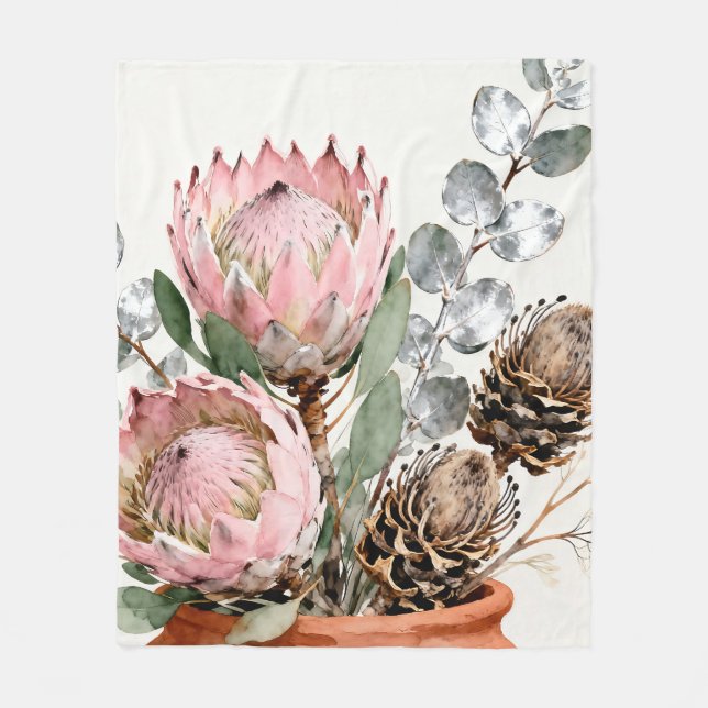 Watercolor Protea Eucalyptus Arrangement Fleece Blanket (Front)