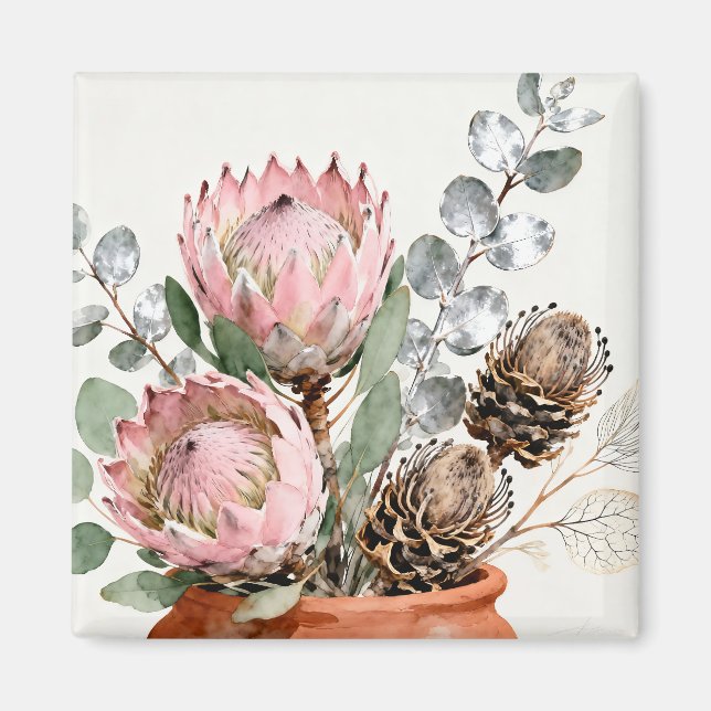 Watercolor Protea Eucalyptus Arrangement Magnet (Front)