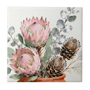 Watercolor Protea Eucalyptus Arrangement Tile