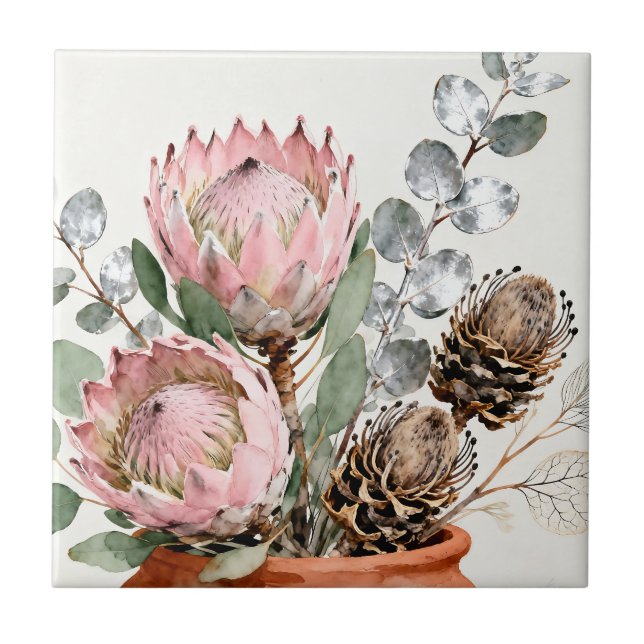 Watercolor Protea Eucalyptus Arrangement Tile (Front)