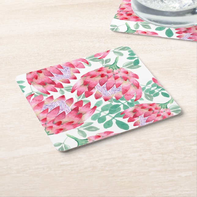 Watercolor Protea Square Paper Coaster (Angled)