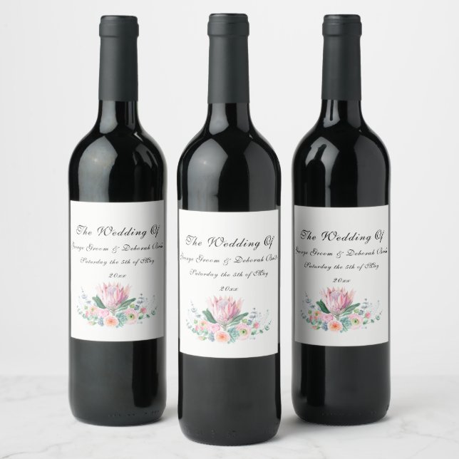 Watercolor Protea Wedding Wine Label (Bottles)