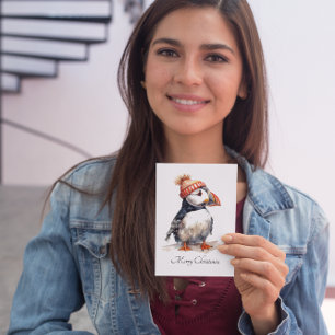 Watercolor Puffin Christmas Coastal Stationery Holiday Postcard