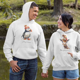 Watercolor Puffin Christmas Coastal Streetwear Hoodie