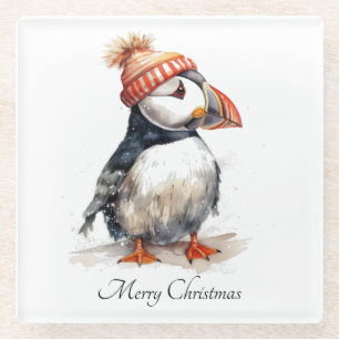 Watercolor Puffin Christmas Tablescape Glass Coaster