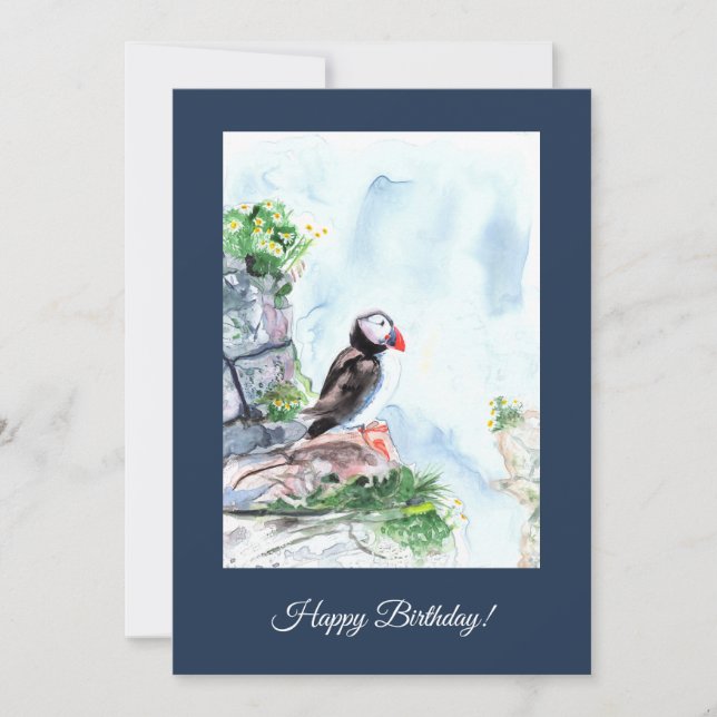 Watercolor Puffin customisable birthday card (Front)