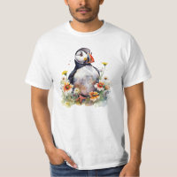 Watercolor Puffin in a Colourful Flower Field