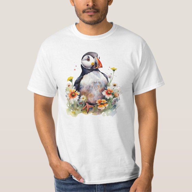 Watercolor Puffin in a Colourful Flower Field T-Shirt (Front)