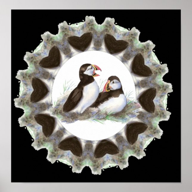 Watercolor Puffins with Hearts for Puffin Fans Poster (Front)