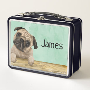 Watercolor Pug Add Your Own Name Metal Lunch Box
