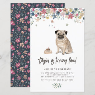 Watercolor Pug Dog Birthday Party Invitation