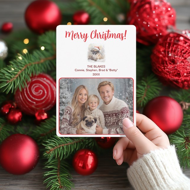 Watercolor Pug Illustration Merry Christmas Family Holiday Card (Watercolor Pug Illustration Merry Christmas Family Holiday Card)