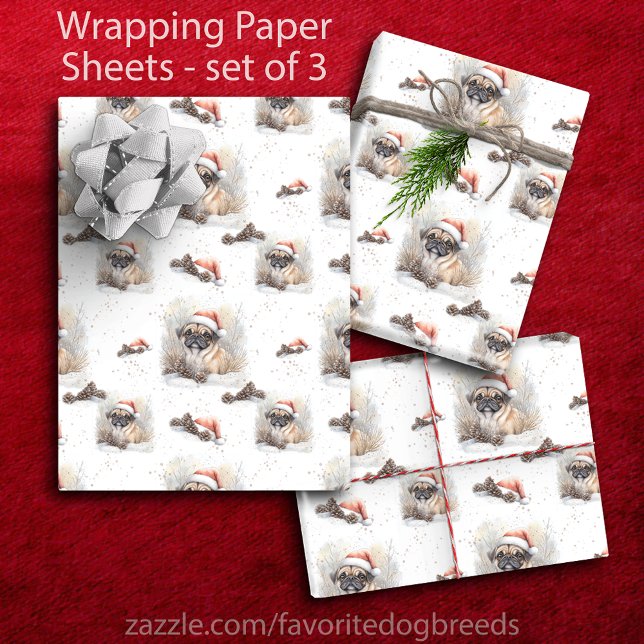 Watercolor Pug in Santa Hat Christmas Wrapping Paper Sheet (Watercolor Pug in Santa Hat Christmas Wrapping Paper Sheets - set of 3)
