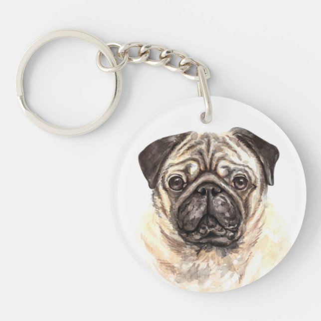 Watercolor Pug Key Ring (Front)