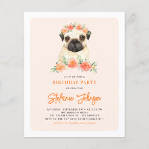 Watercolor Pug Peach Floral Birthday Invitation