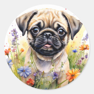 Watercolor Pug Puppy in Wildflowers Delight Classic Round Sticker