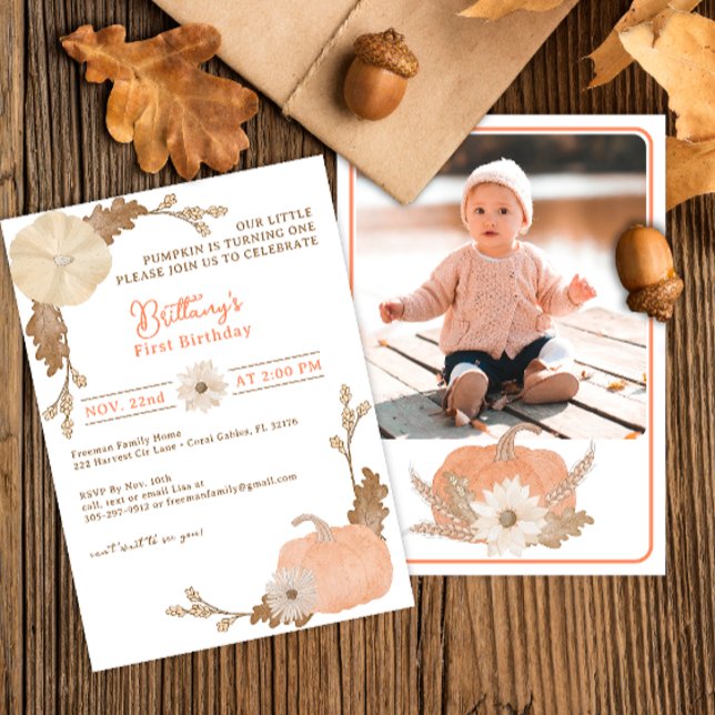 Watercolor Pumpkin 1st Birthday Invite (Gender Neutral Our Little Pumpkin Photo Birthday Party Invitation)