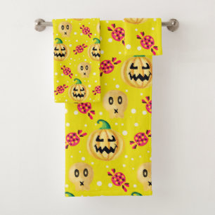 Watercolor Pumpkin and Candy Halloween Pattern Bath Towel Set