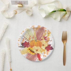 Watercolor Pumpkin and Floral Thanksgiving Paper Plate