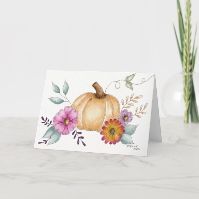 Watercolor pumpkin and flowers for Fall Card (Front)