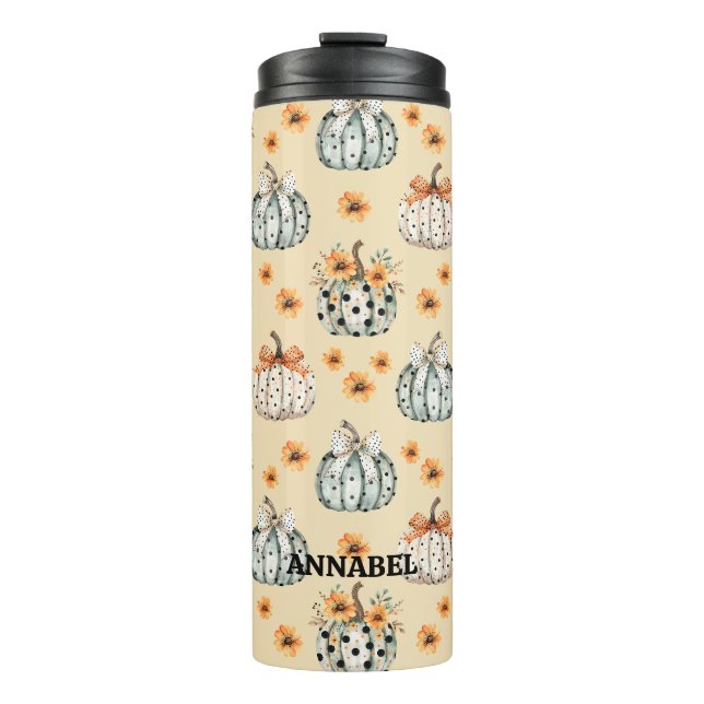Watercolor pumpkin and flowers script name thermal tumbler (Front)