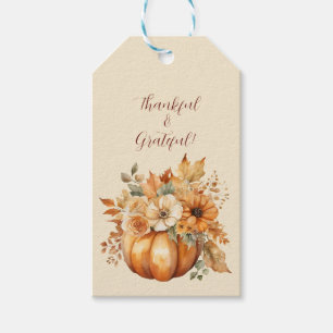 Watercolor Pumpkin and Flowers-Thankful & Grateful Gift Tags