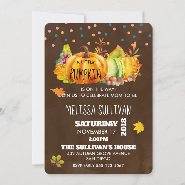 Watercolor Pumpkin and Seasonal Fall leaves Invitation (Front)