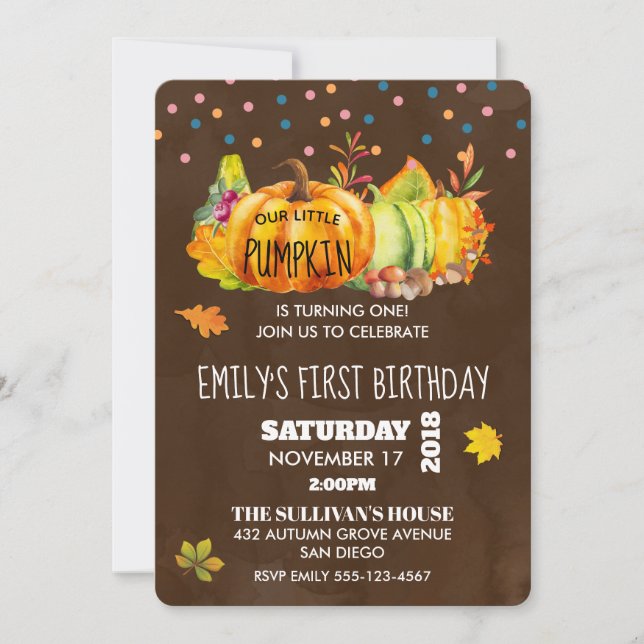 Watercolor Pumpkin and Seasonal Fall leaves Invitation (Front)