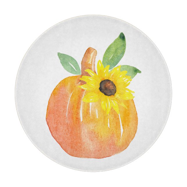 Watercolor Pumpkin and Sunflower Cutting Board (Front)