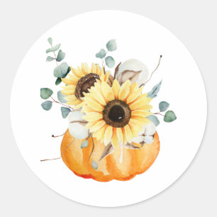Watercolor Pumpkin and Sunflowers Fall Arrangement Classic Round Sticker