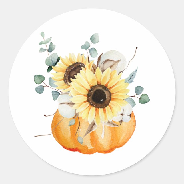 Watercolor Pumpkin and Sunflowers Fall Arrangement Classic Round Sticker (Front)