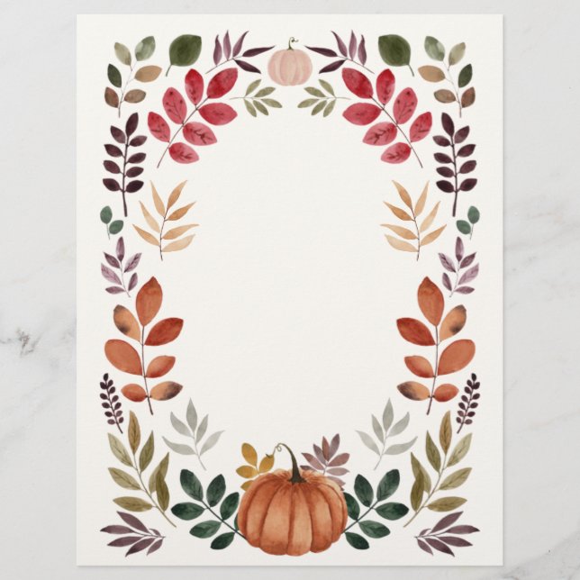 Watercolor Pumpkin & Autumn Leaves   Custom Letterhead (Front)