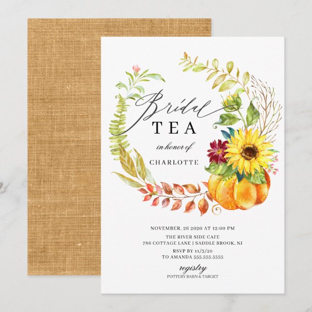 Watercolor Pumpkin Autumn Wreath Bridal Shower Tea Invitation (Front/Back)