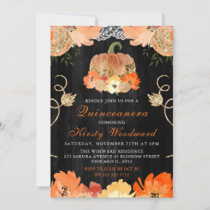 Watercolor Pumpkin Autumnal Flowers Quinceanera Invitation