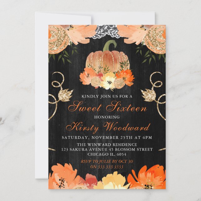Watercolor Pumpkin Autumnal Flowers Sweet 16 Invitation (Front)