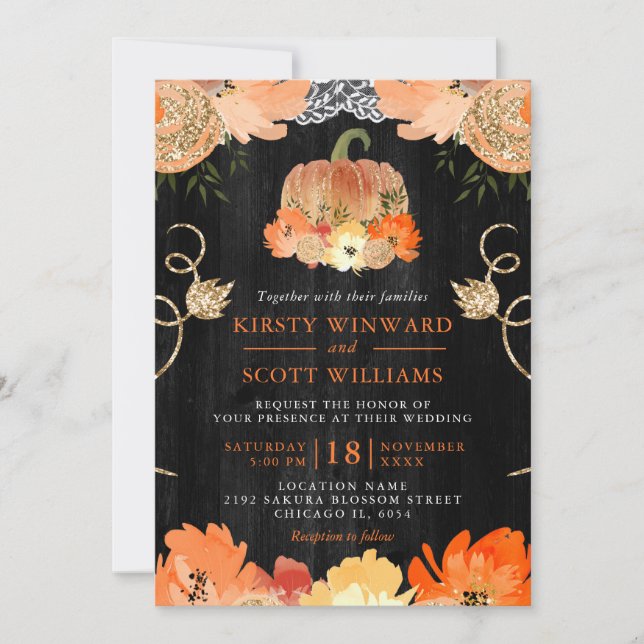 Watercolor Pumpkin Autumnal Flowers Wedding Invitation (Front)