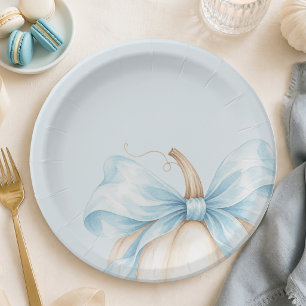 Watercolor Pumpkin Blue Bow Fall Baby Boy Shower Paper Plate