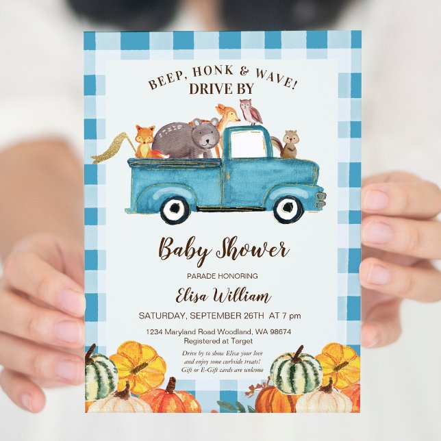 Watercolor Pumpkin Blue Truck Drive By Baby Shower Invitation (Creator Uploaded)